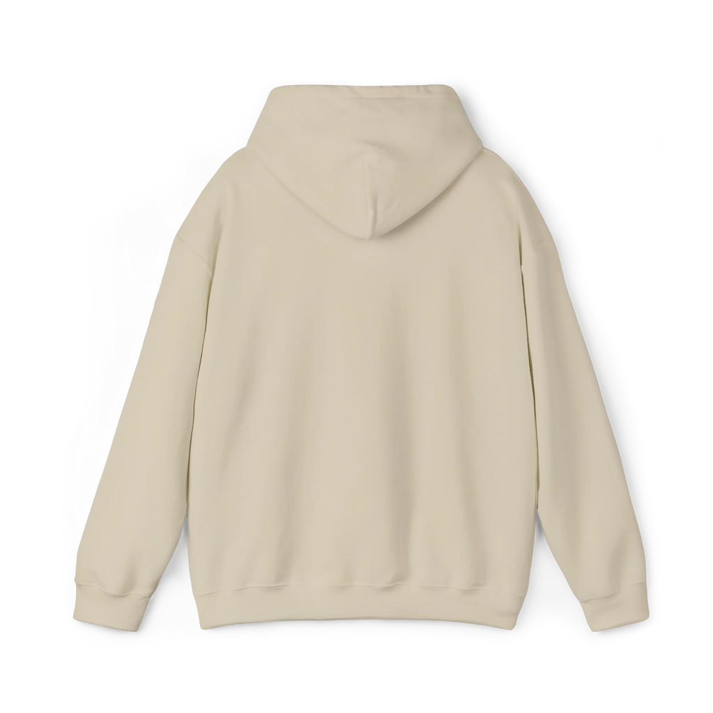 Sand-colored pullover hoodie with a plain back, hood and ribbed cuffs and hem, rear view.