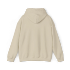 Sand-colored pullover hoodie with a plain back, hood and ribbed cuffs and hem, rear view.