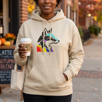 Model wearing a sand-colored hoodie with a multicolored geometric wolf chest graphic, holding coffee outside a café with autumn decorations.