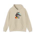 Sand-colored pullover hoodie with a geometric wolf head graphic in black and multicolored Pride accents above a kangaroo pocket, front view.