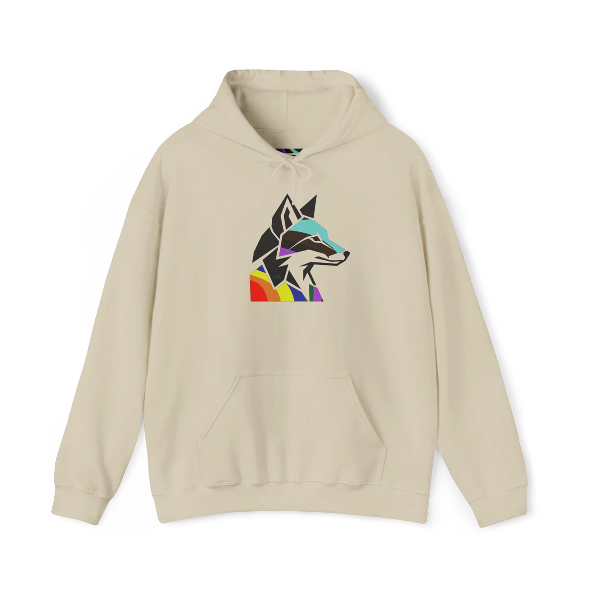 Sand-colored pullover hoodie with a geometric wolf head graphic in black and multicolored Pride accents above a kangaroo pocket, front view.