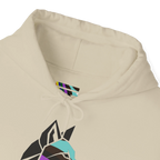 Close-up of a sand-colored hoodie neckline showing a multicolored FREEBRD LGBTQIA Pride inner-neck logo, matching drawstrings and part of the geometric wolf graphic.
