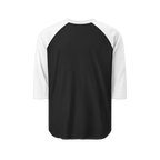 Black raglan shirt with white three-quarter sleeves, back view showing a plain back with no graphic.