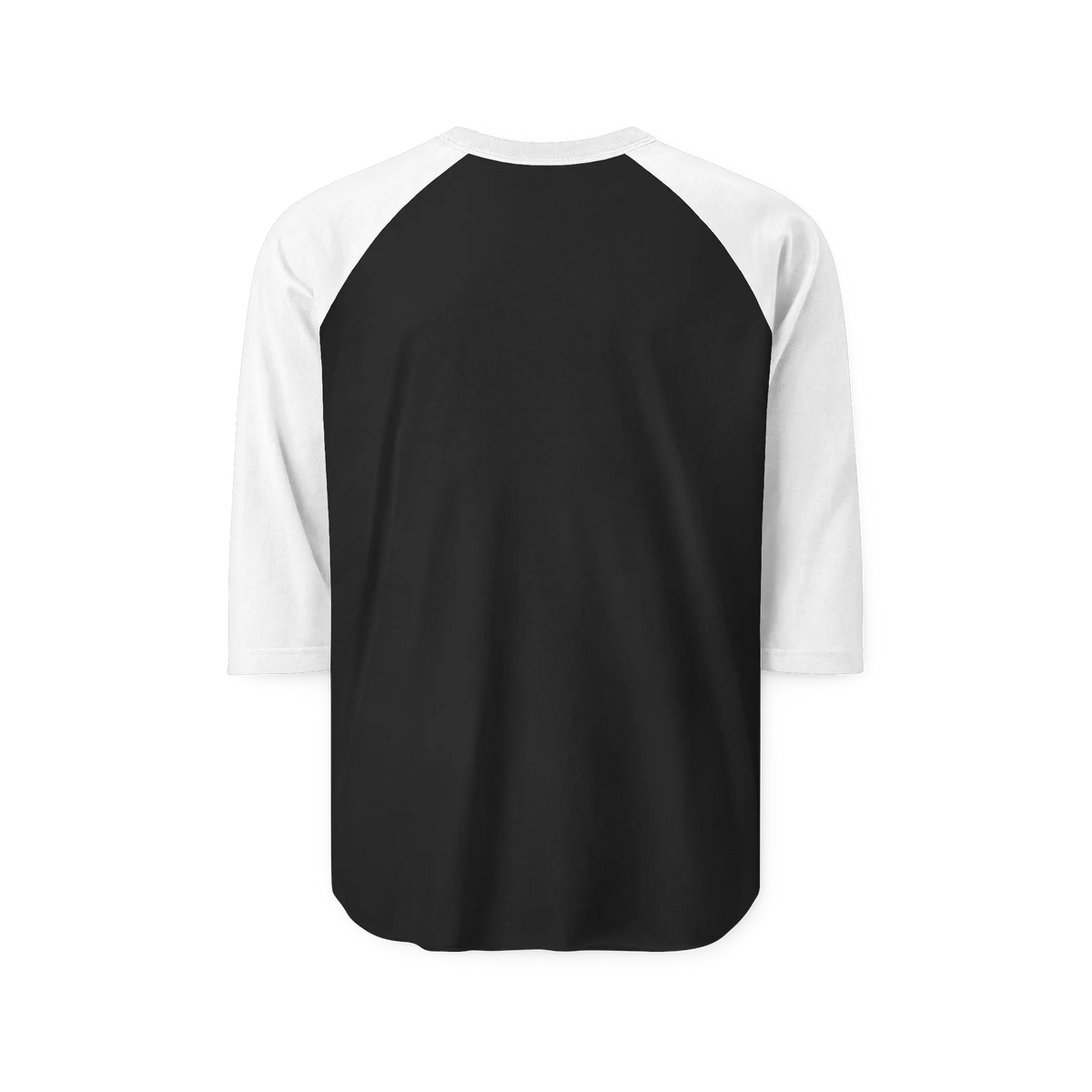 Black raglan shirt with white three-quarter sleeves, back view showing a plain back with no graphic.