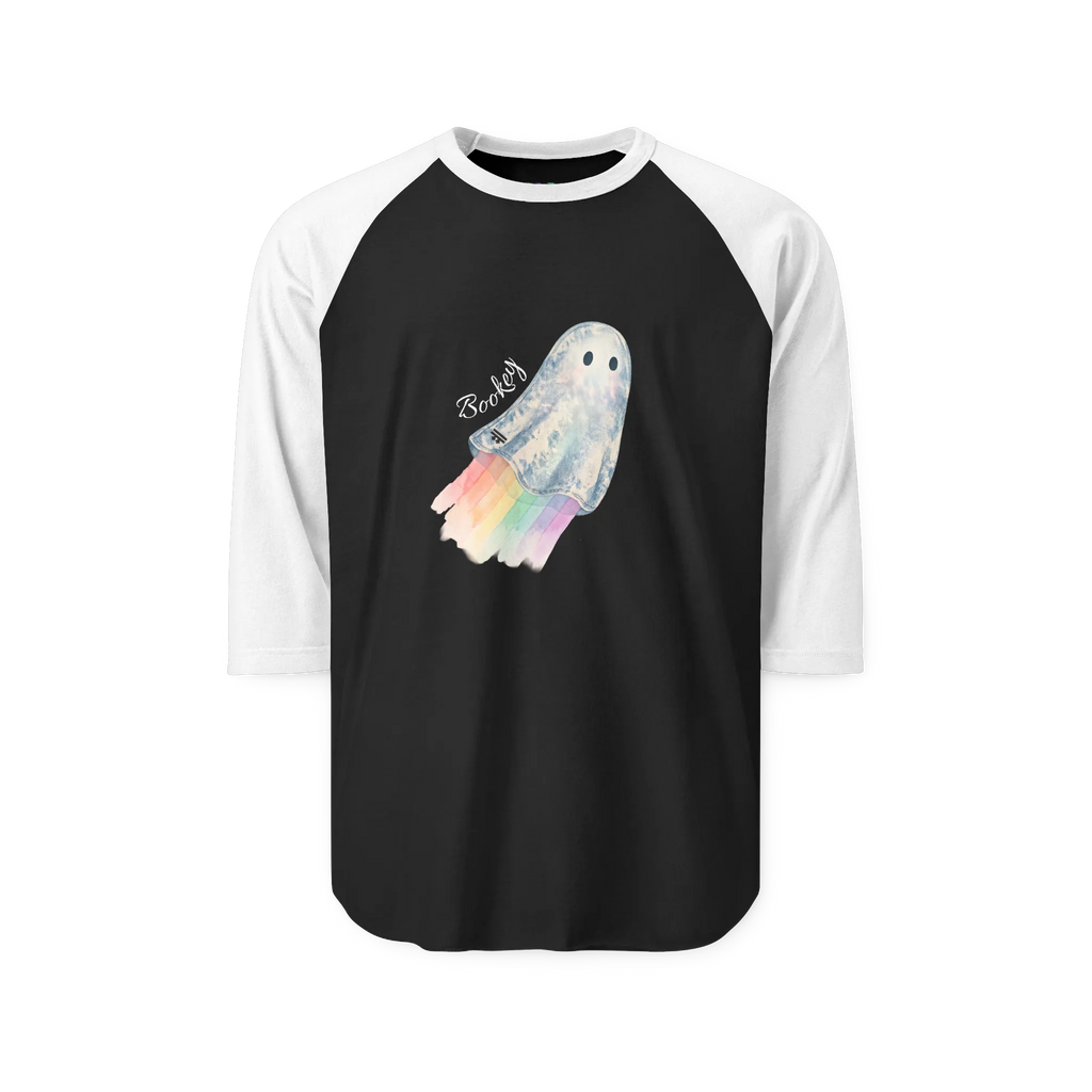 Black raglan shirt with white three-quarter sleeves, front view showing a watercolor ghost with a pastel rainbow trail and 'Bookey' lettering.