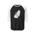 Black raglan shirt with white three-quarter sleeves, front view showing a watercolor ghost with a pastel rainbow trail and 'Bookey' lettering.