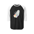 Black raglan shirt with white three-quarter sleeves, front view showing a watercolor ghost with a pastel rainbow trail and 'Bookey' lettering.