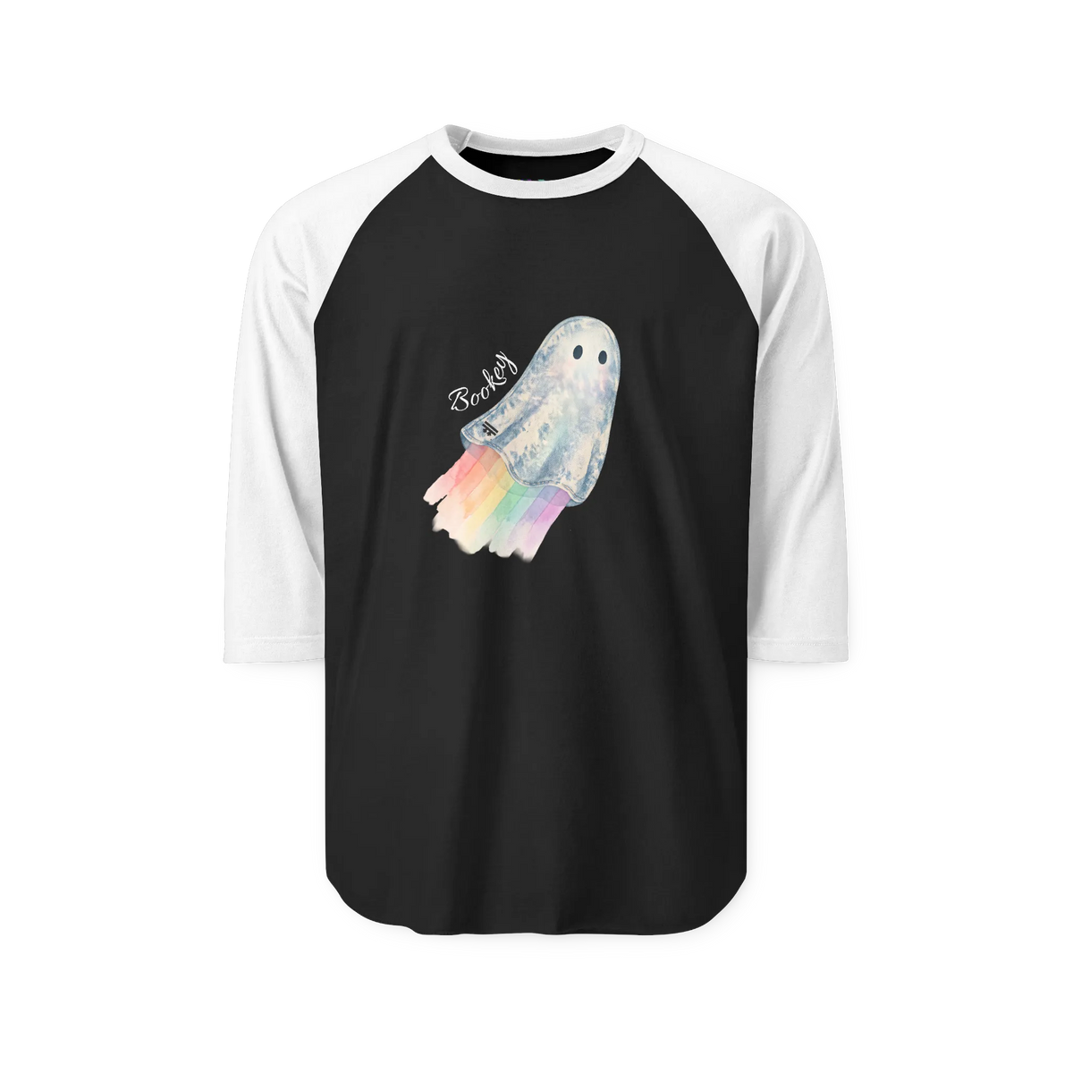 Black raglan shirt with white three-quarter sleeves, front view showing a watercolor ghost with a pastel rainbow trail and 'Bookey' lettering.