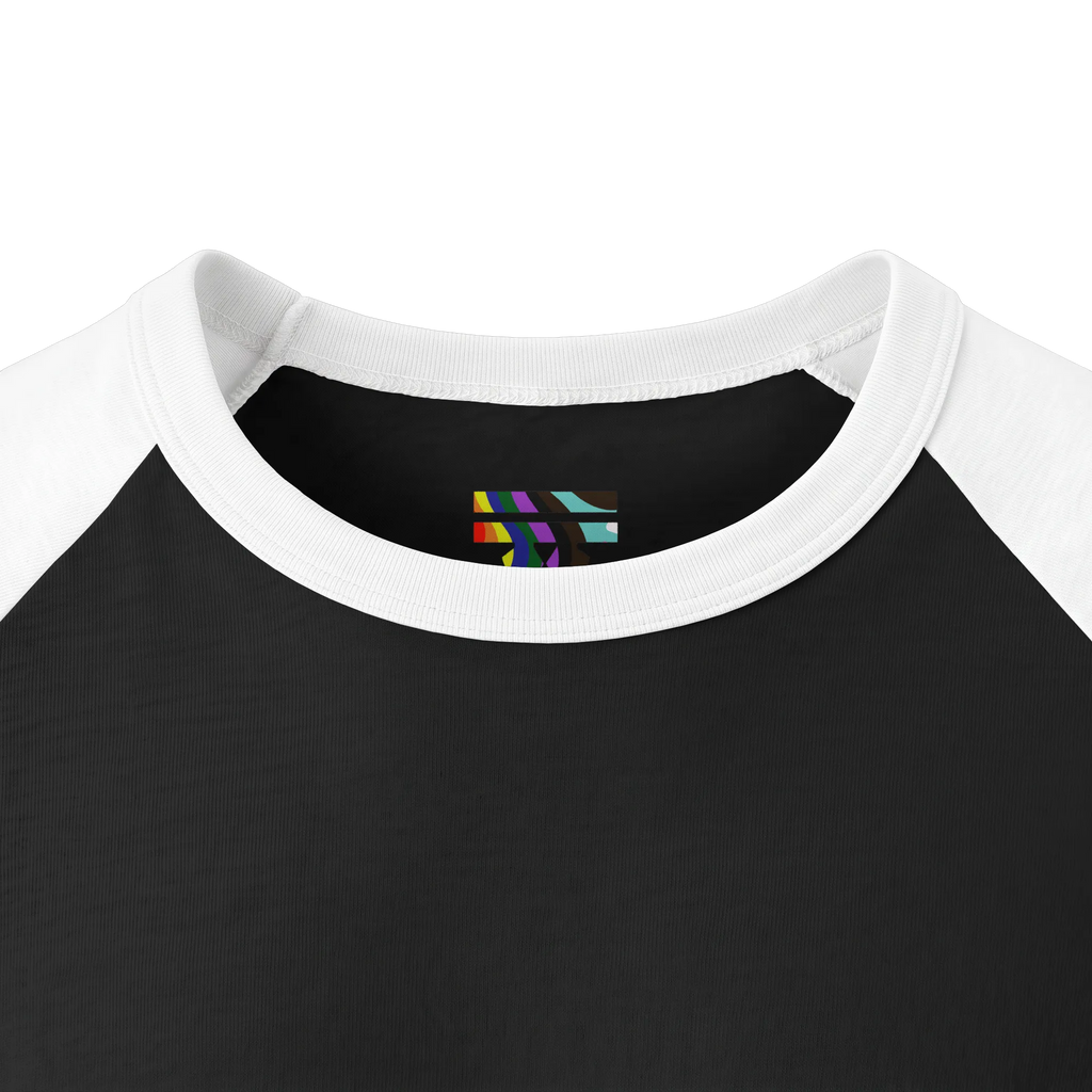 Close-up of a white ribbed collar and black inner neckline, showing a small FREEBRD LGBTQIA+ Pride printed logo inside the neck.