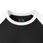 Close-up of a white ribbed collar and black inner neckline, showing a small FREEBRD LGBTQIA+ Pride printed logo inside the neck.