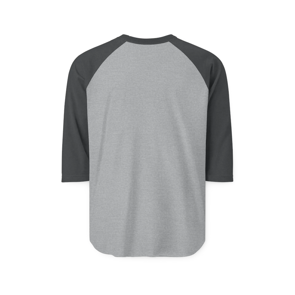 Heather grey raglan shirt with charcoal three-quarter sleeves, back view showing a plain back with no graphic.