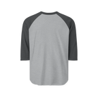 Heather grey raglan shirt with charcoal three-quarter sleeves, back view showing a plain back with no graphic.