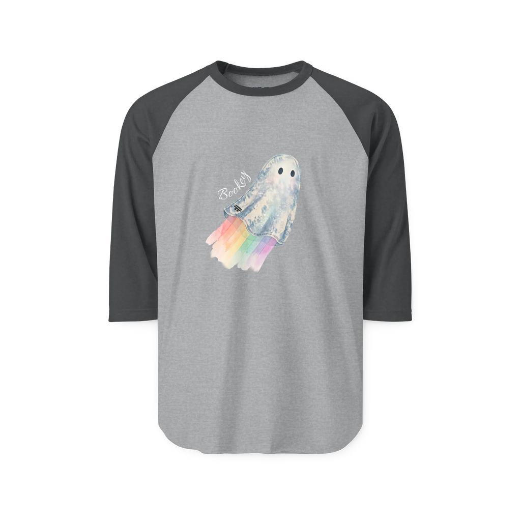 Heather grey raglan shirt with charcoal three-quarter sleeves, front view showing a watercolor ghost with a pastel rainbow trail and ‘Bookey' lettering.