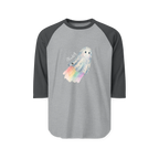 Heather grey raglan shirt with charcoal three-quarter sleeves, front view showing a watercolor ghost with a pastel rainbow trail and ‘Bookey' lettering.