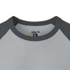 Close-up of a charcoal ribbed collar and heather grey inner neckline, showing a small FREEBRD LGBTQIA+ Pride logo inside the neck.