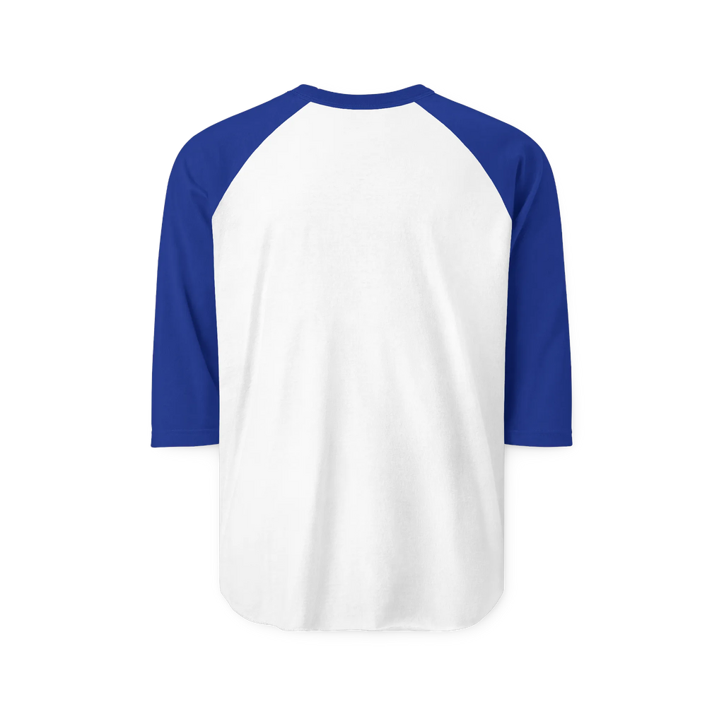 White raglan shirt with royal blue three-quarter sleeves, back view showing a plain back with no graphic.