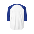White raglan shirt with royal blue three-quarter sleeves, back view showing a plain back with no graphic.