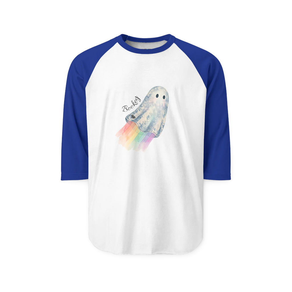 White Royal raglan shirt with royal blue three-quarter sleeves, front view showing a watercolor ghost with a pastel rainbow trail and 'Bookey' lettering.