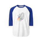 White Royal raglan shirt with royal blue three-quarter sleeves, front view showing a watercolor ghost with a pastel rainbow trail and 'Bookey' lettering.