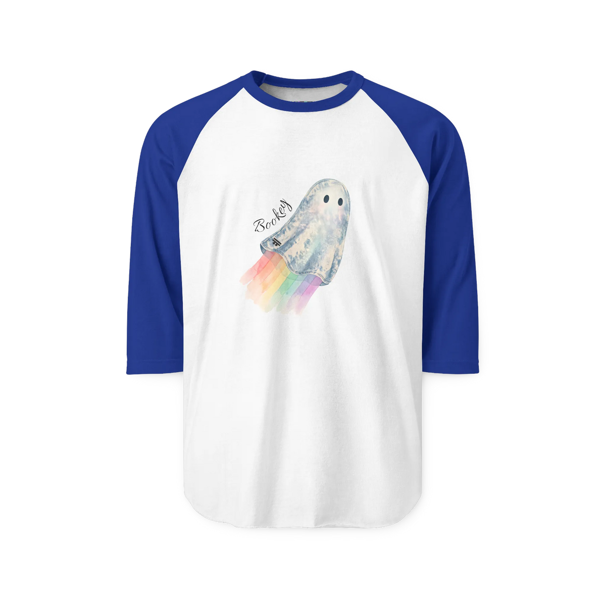 White Royal raglan shirt with royal blue three-quarter sleeves, front view showing a watercolor ghost with a pastel rainbow trail and 'Bookey' lettering.