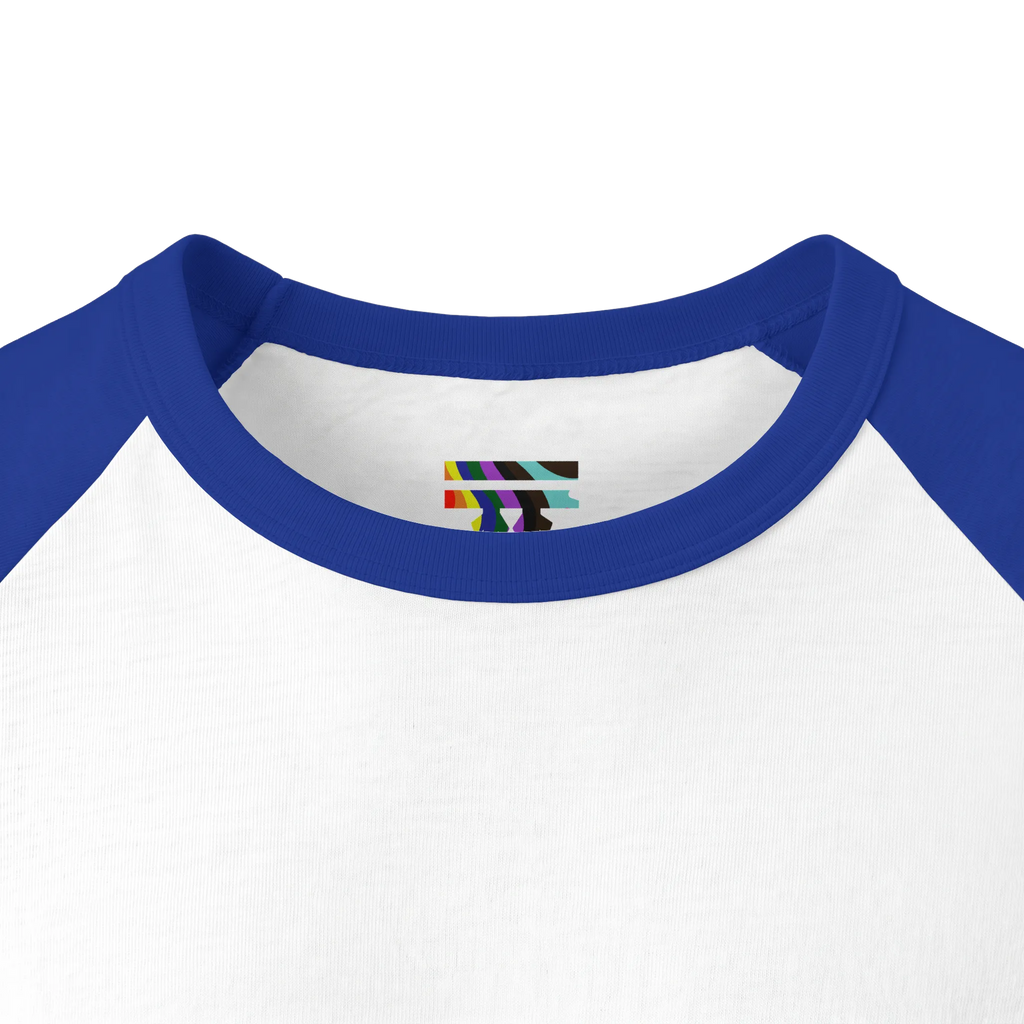 Close-up of a royal blue ribbed collar and white inner neckline, showing a small FREEBRD LGBTQIA+ Pride logo inside the neck.