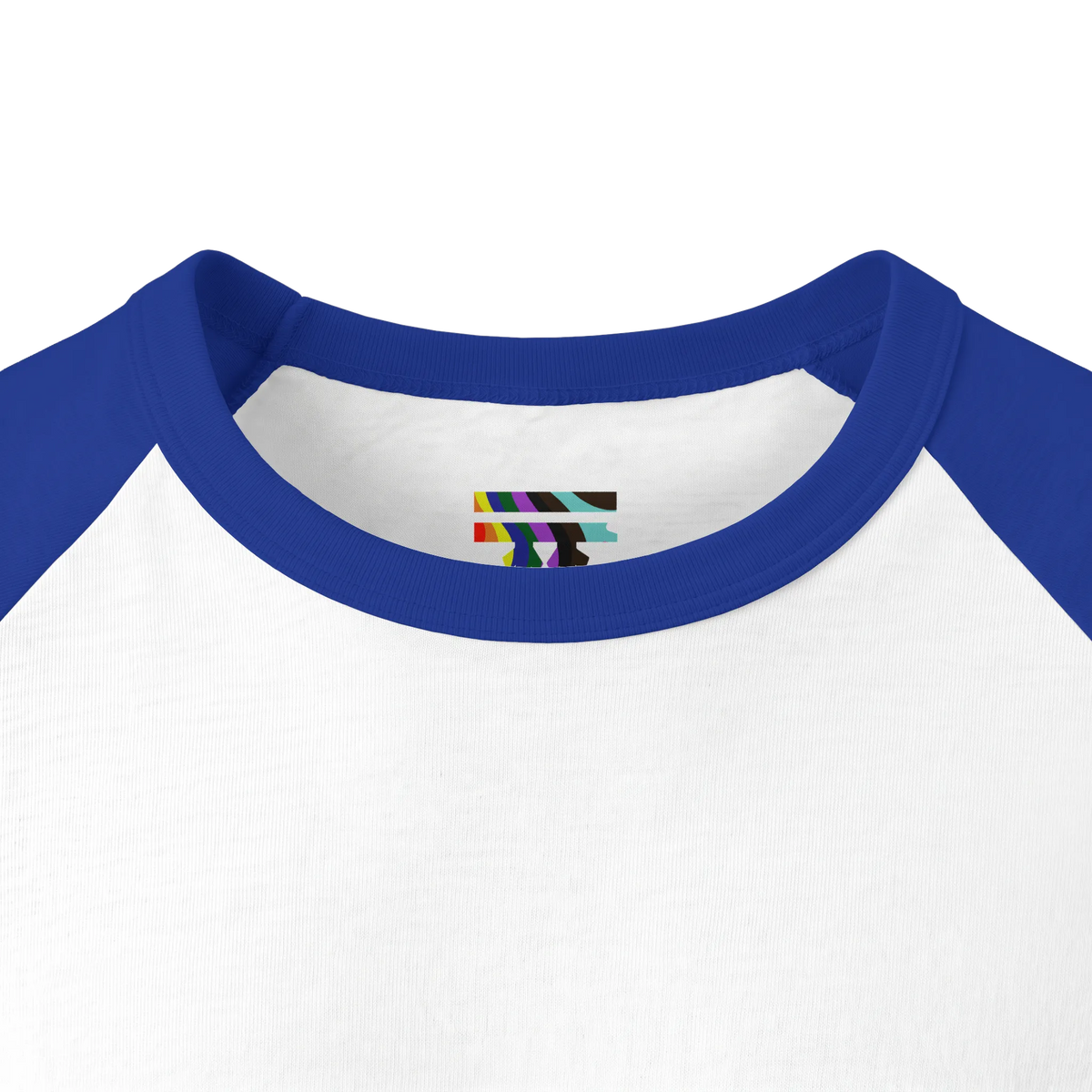 Close-up of a royal blue ribbed collar and white inner neckline, showing a small FREEBRD LGBTQIA+ Pride logo inside the neck.