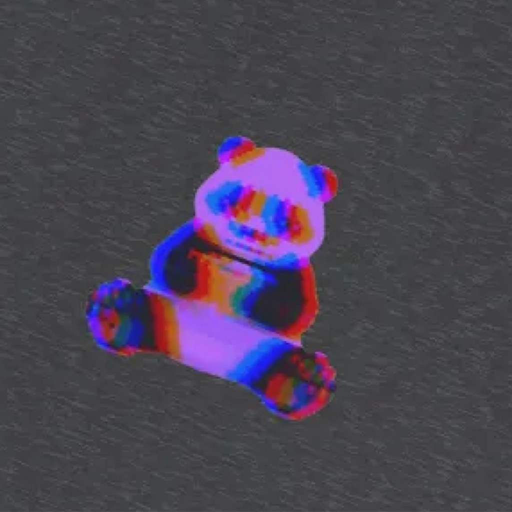 glitch panda coffee t-shirt featuring a small glitch art pixel panda holding a coffee cup with a chromatic aberration effect in purple, blue, and red.