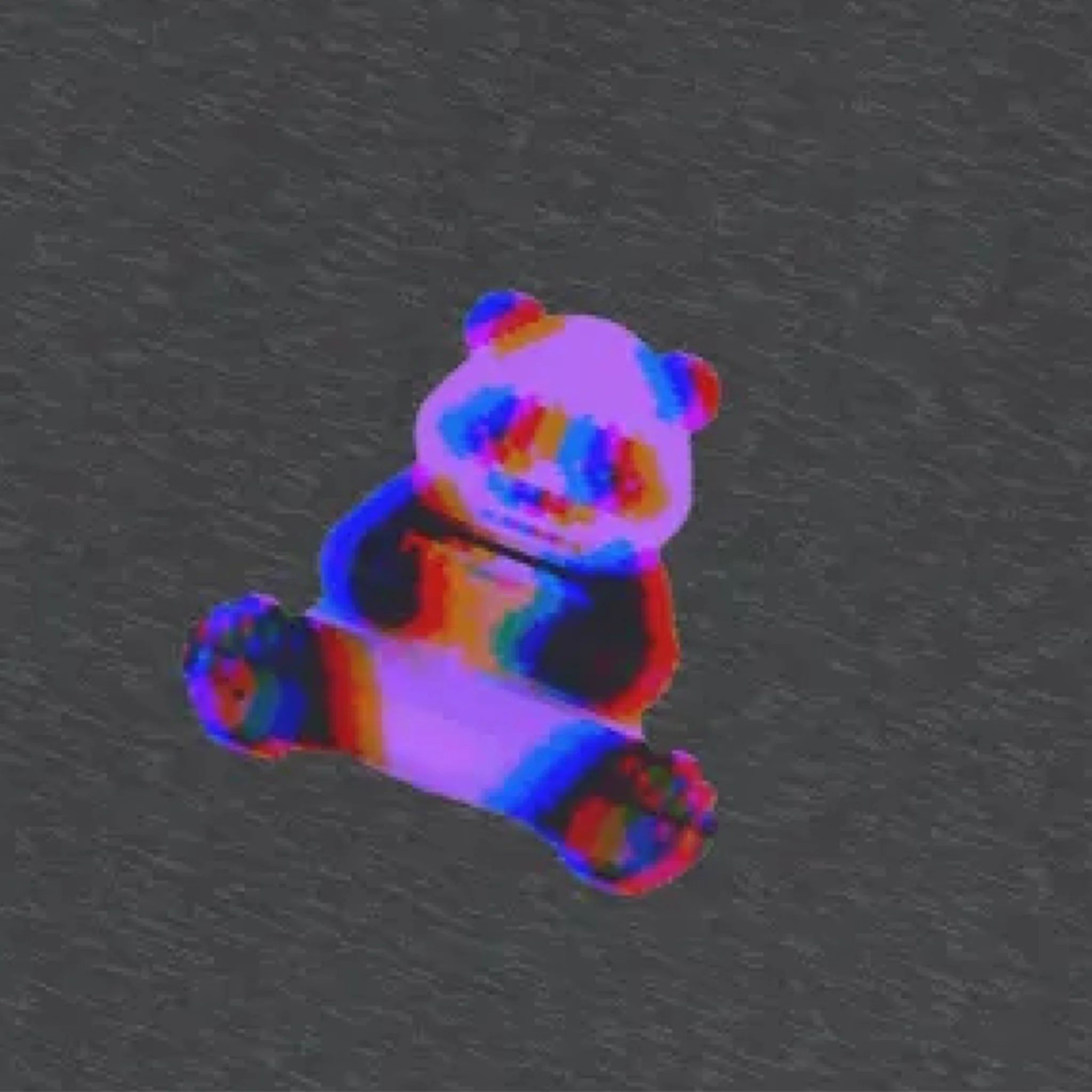 glitch panda coffee t-shirt featuring a small glitch art pixel panda holding a coffee cup with a chromatic aberration effect in purple, blue, and red.