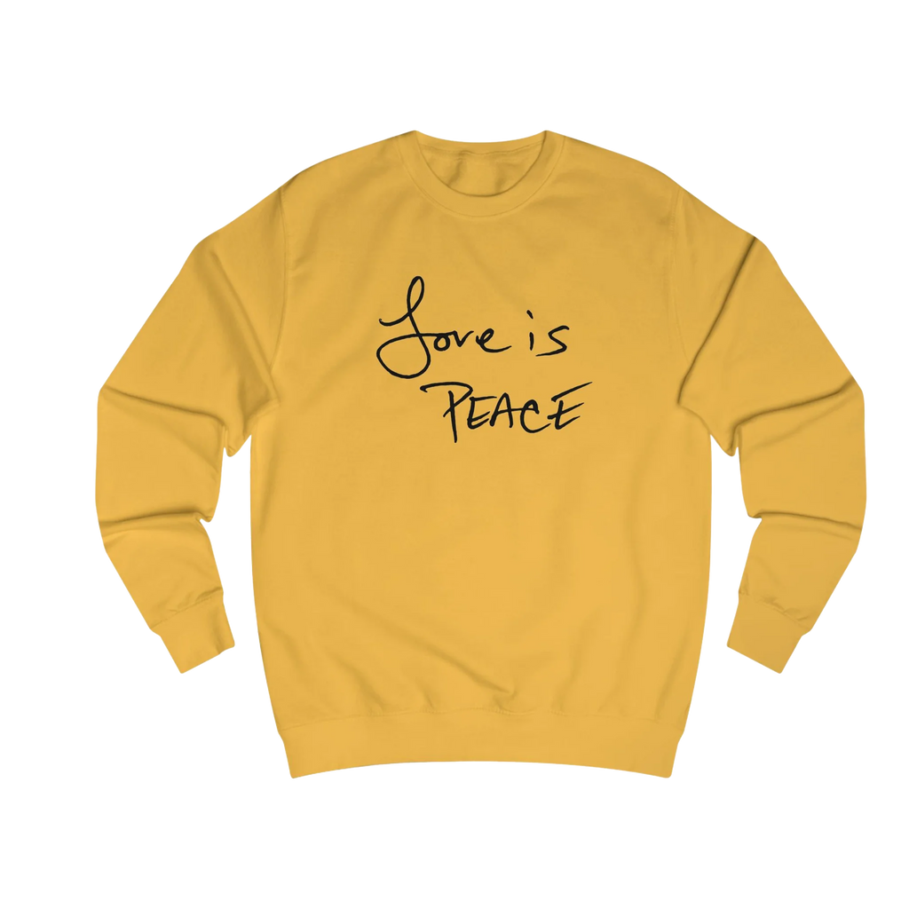 Gold Love is Peace crewneck sweatshirt, handwritten Love is Peace graphic, crew neck, front view.