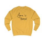 Gold Love is Peace crewneck sweatshirt, handwritten Love is Peace graphic, crew neck, front view.