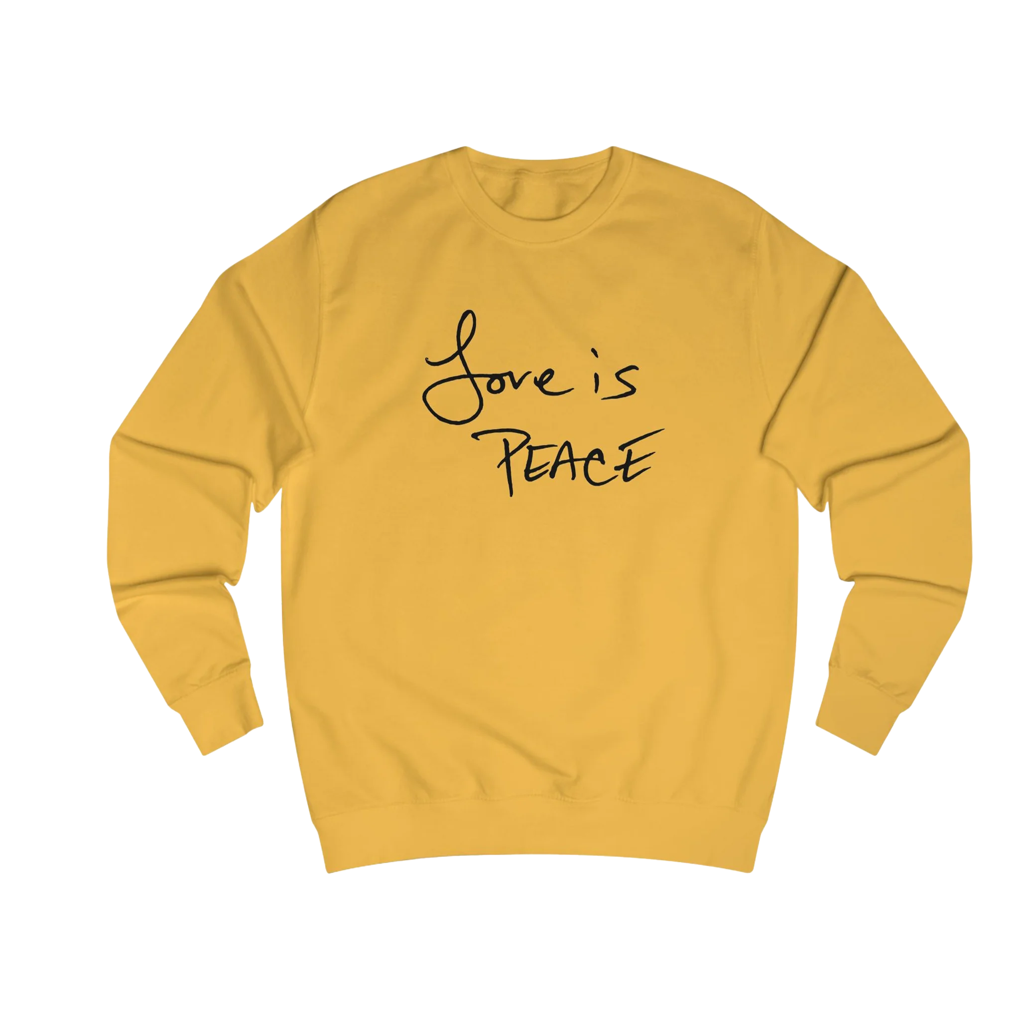 Gold Love is Peace crewneck sweatshirt, black print, front view.