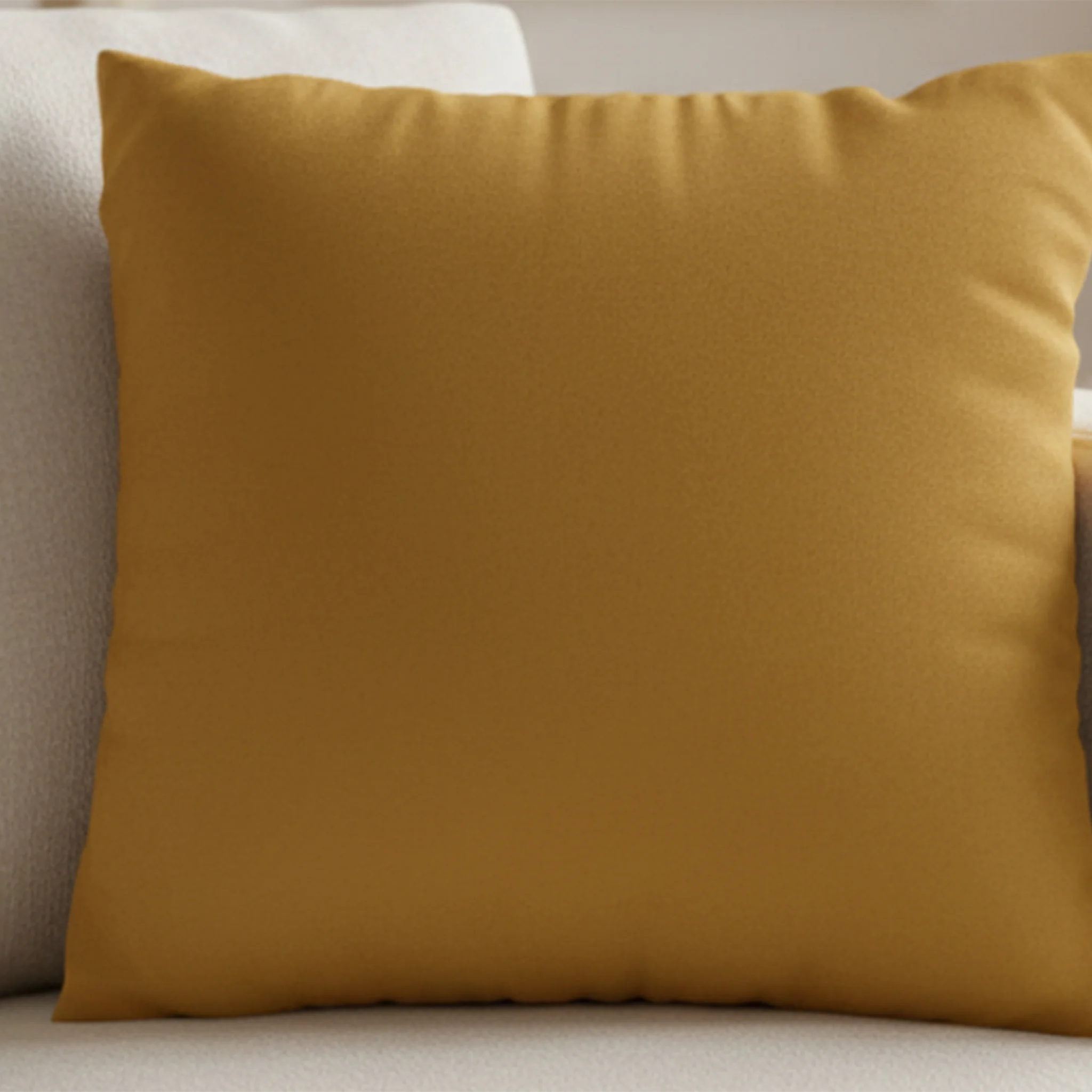 Gold Ochre faux suede pillow case styled on a couch in a modern living room. 