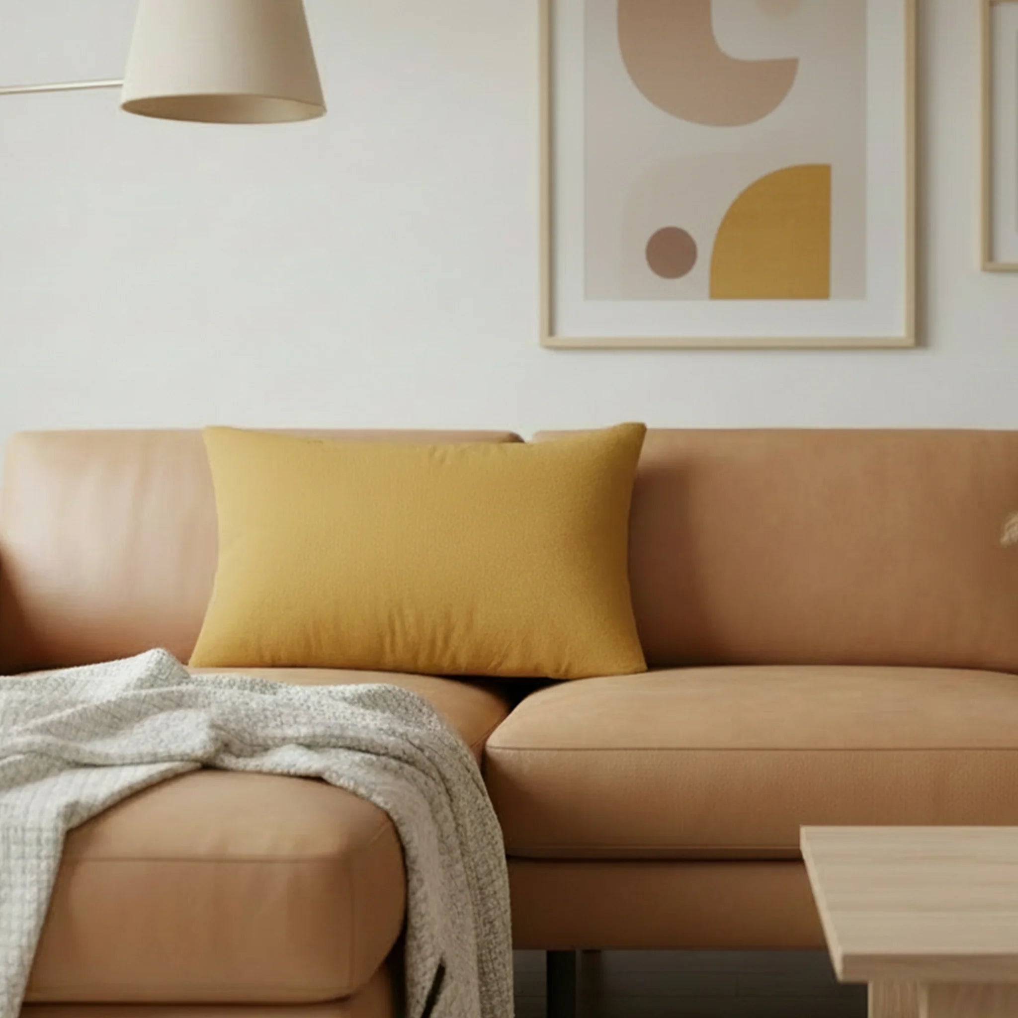 Gold Ochre lumbar accent pillow styled on a couch in a modern living room.