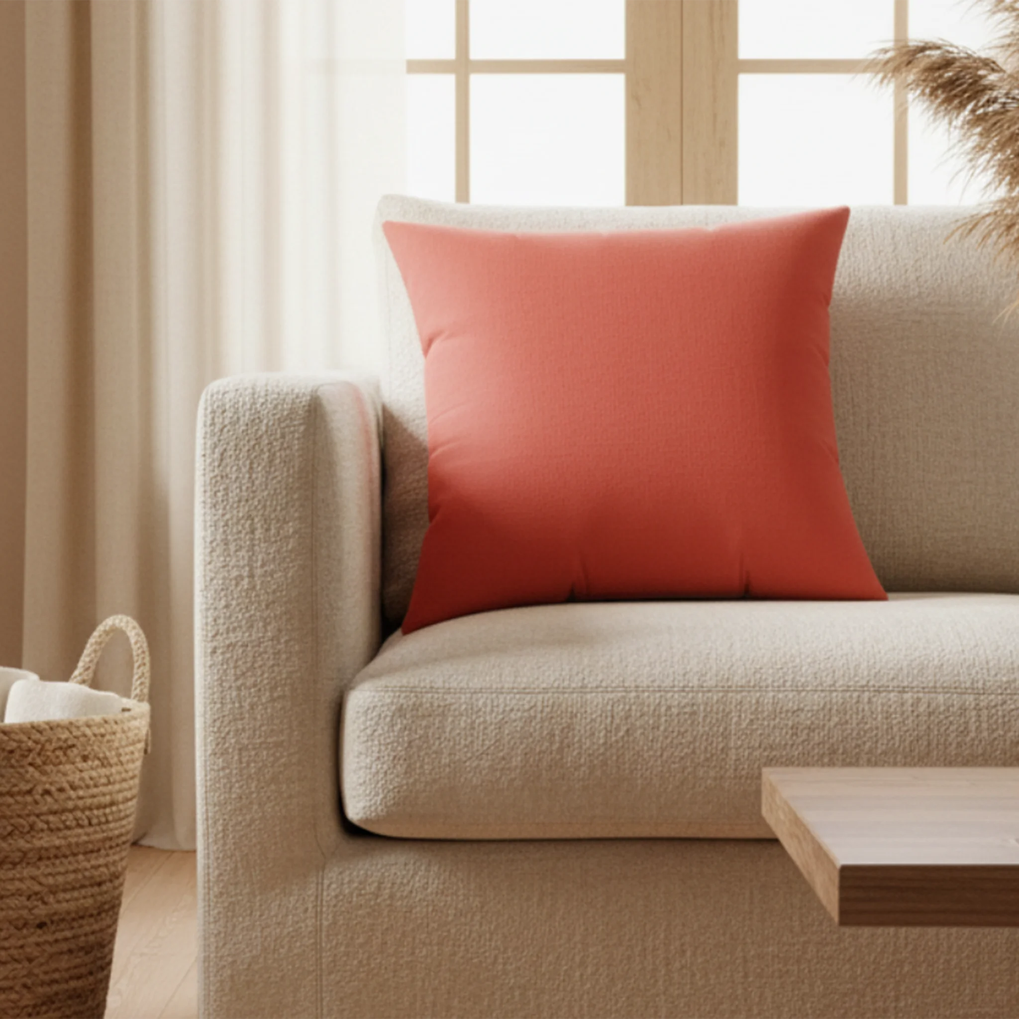 Grapefruit coral faux suede throw pillow styled on a sofa in a warm modern sunroom.