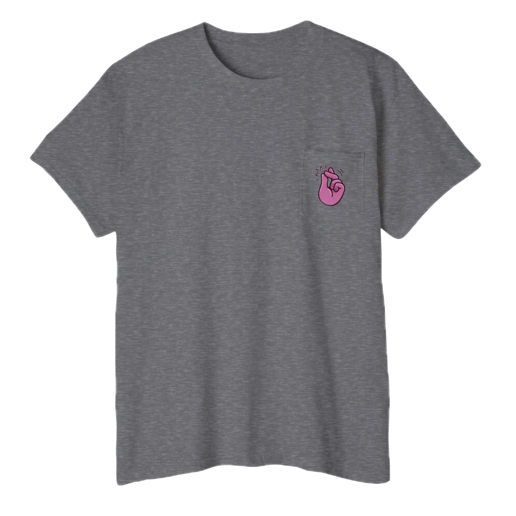 A FREEBRD graphite heather classic cotton pocket t-shirt with a baby pink cartoon finger-snap Clock It graphic printed on the front chest pocket.