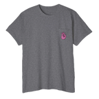 A FREEBRD graphite heather classic cotton pocket t-shirt with a baby pink cartoon finger-snap Clock It graphic printed on the front chest pocket.