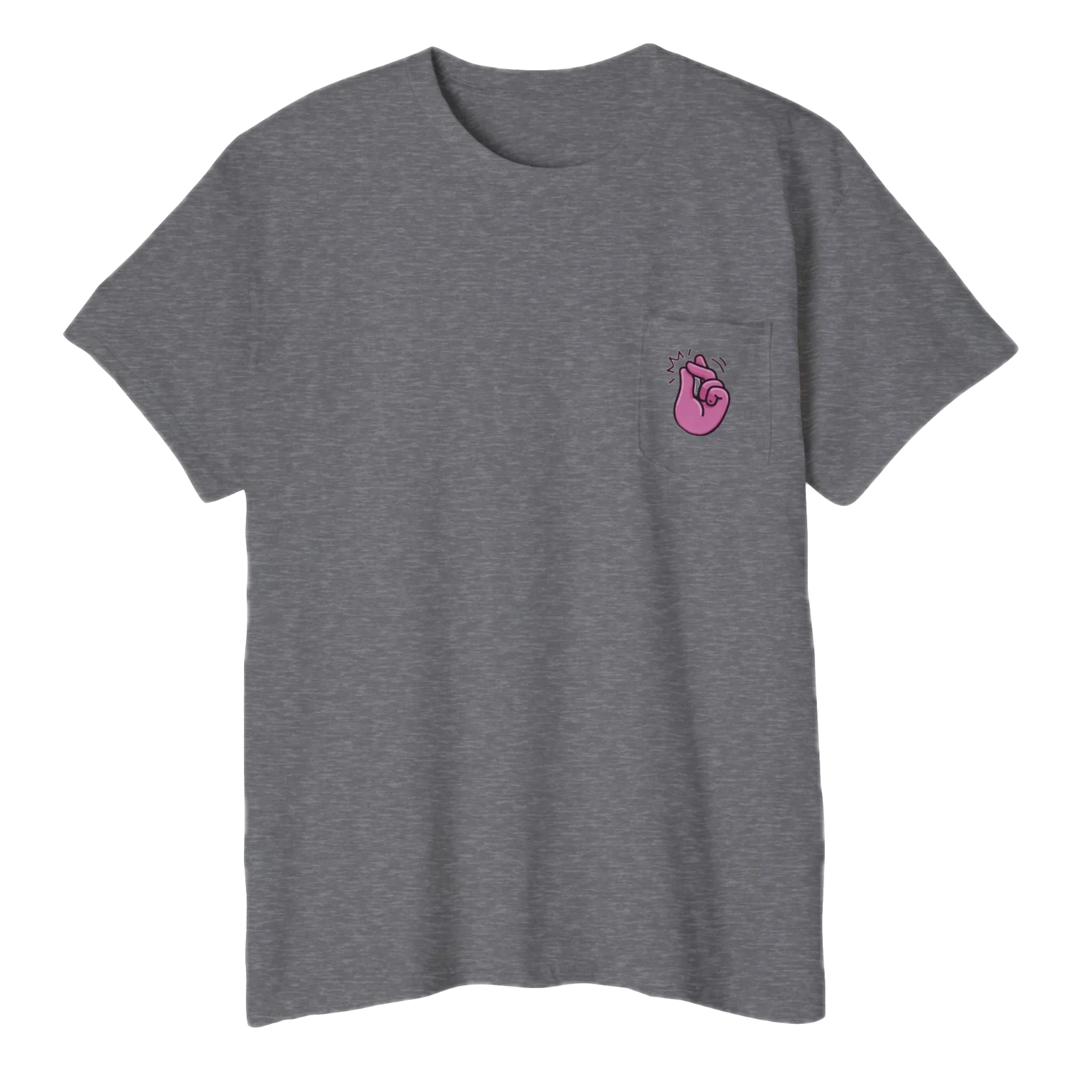 A FREEBRD graphite heather classic cotton pocket t-shirt with a baby pink cartoon finger-snap 'Clock It' graphic printed on the front chest pocket.