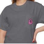 A person wearing a FREEBRD graphite heather classic cotton pocket t-shirt with a baby pink cartoon finger-snap Clock It graphic printed on the front chest pocket.