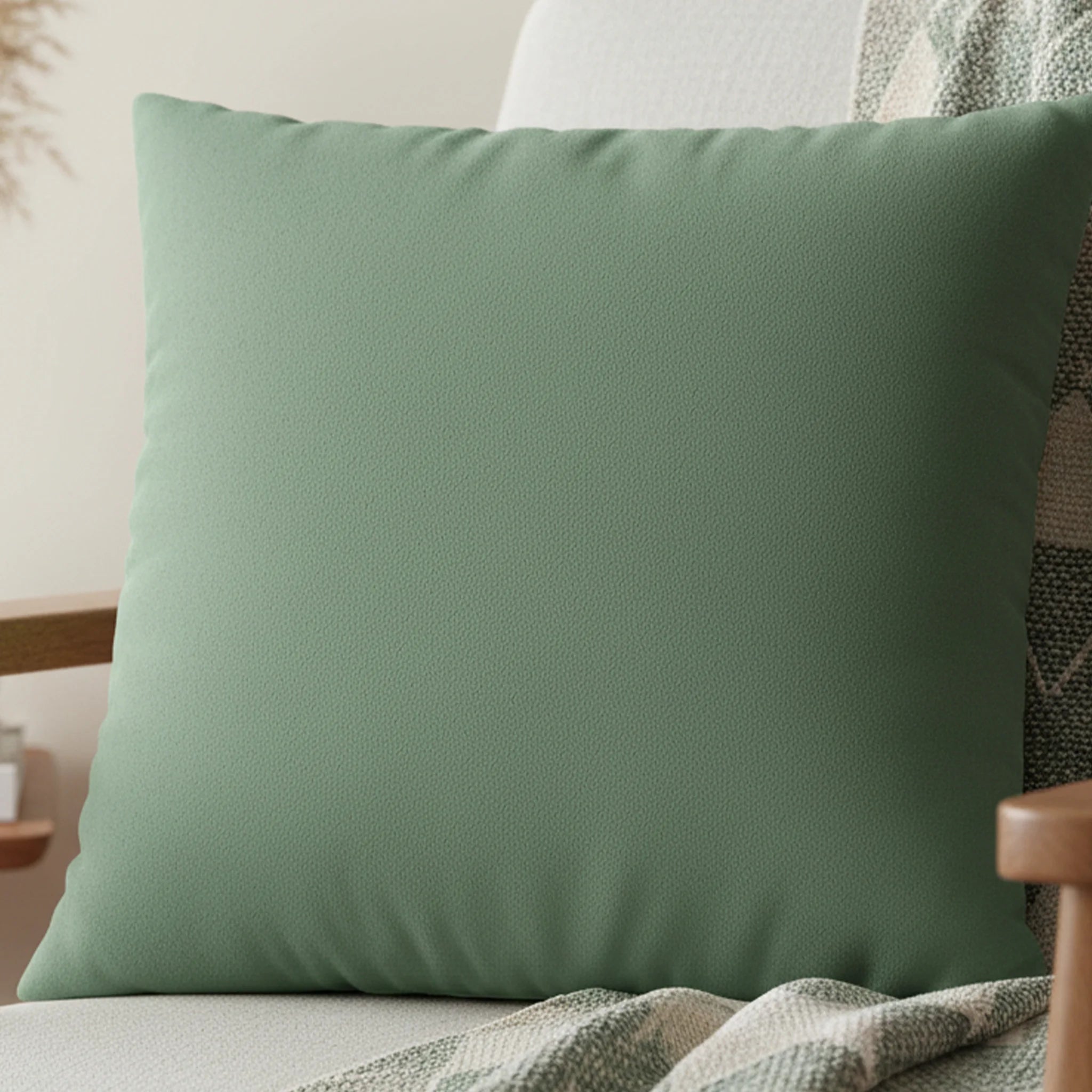 Green Dust faux suede pillow case styled on a wooden armchair in a modern living room.