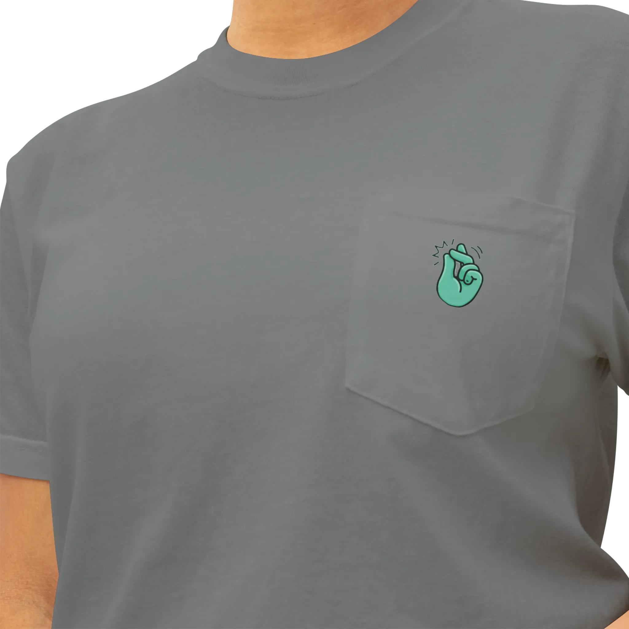 A grey pocket t-shirt with a sea green 'Clock It' Motif on front left chest pocket shown up close.