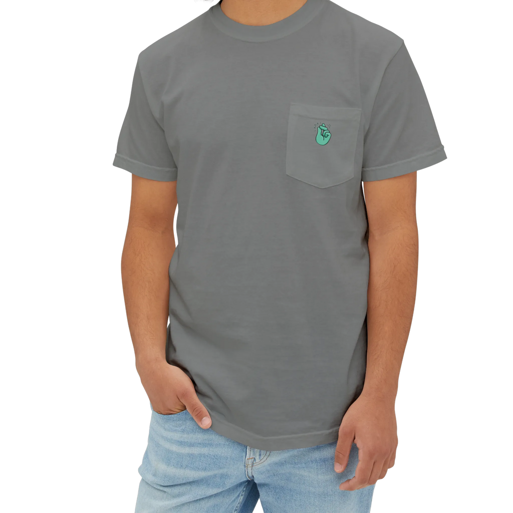 A person wearing the grey clock it pocket t-shirt with a sea green Clock It Motif on front left chest pocket.