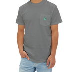 A person wearing the grey clock it pocket t-shirt with a sea green Clock It Motif on front left chest pocket.