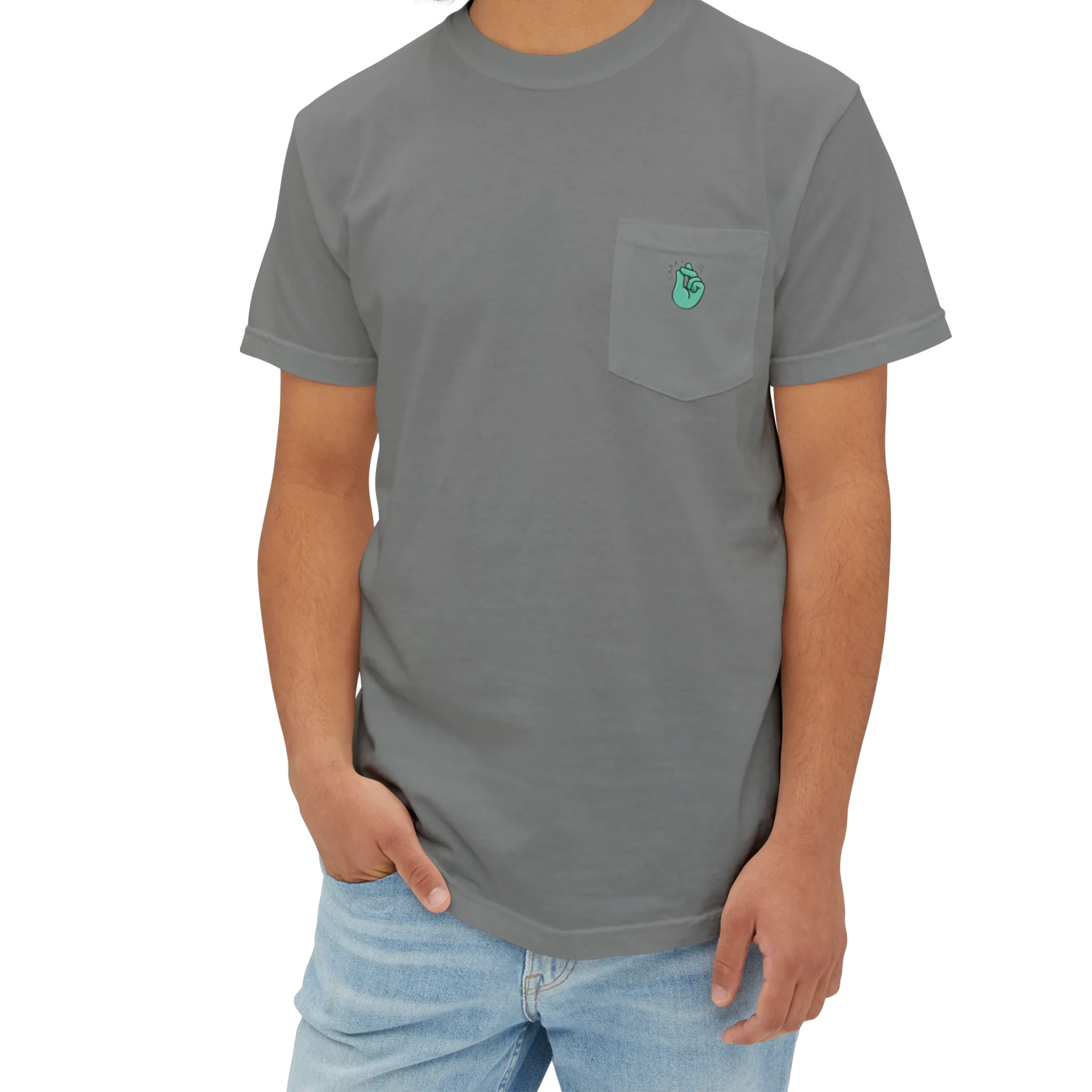 A person wearing the grey clock it pocket t-shirt with a sea green 'Clock It' Motif on front left chest pocket.