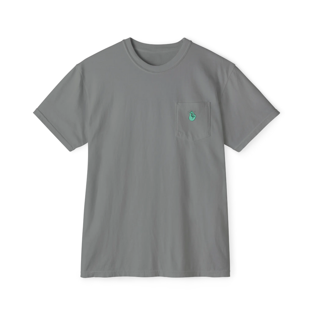 A front preview of the grey clock it pocket t-shirt with a sea green Clock It Motif on front left chest pocket.