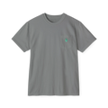 A front preview of the grey clock it pocket t-shirt with a sea green Clock It Motif on front left chest pocket.