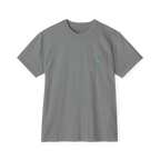 A front preview of the grey clock it pocket t-shirt with a sea green Clock It Motif on front left chest pocket.