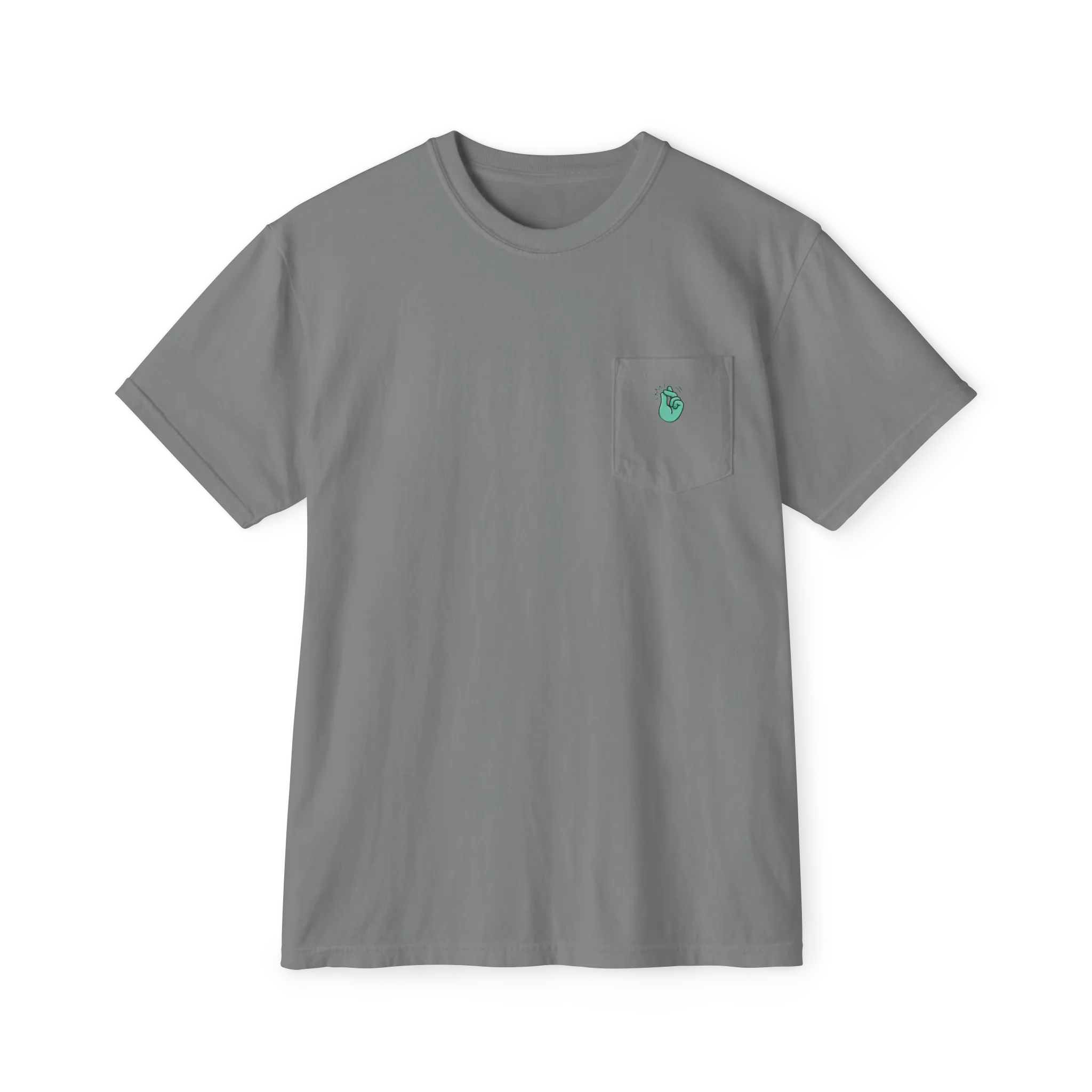 A front preview of the grey clock it pocket t-shirt with a sea green 'Clock It' Motif on front left chest pocket.