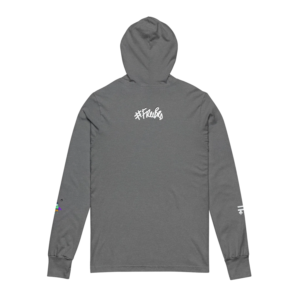 Grey hooded long sleeve tee, white FREEBRD script back graphic, space flight alien astronaut sleeve detail, back view.