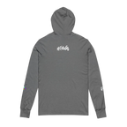 Grey hooded long sleeve tee, white FREEBRD script back graphic, space flight alien astronaut sleeve detail, back view.