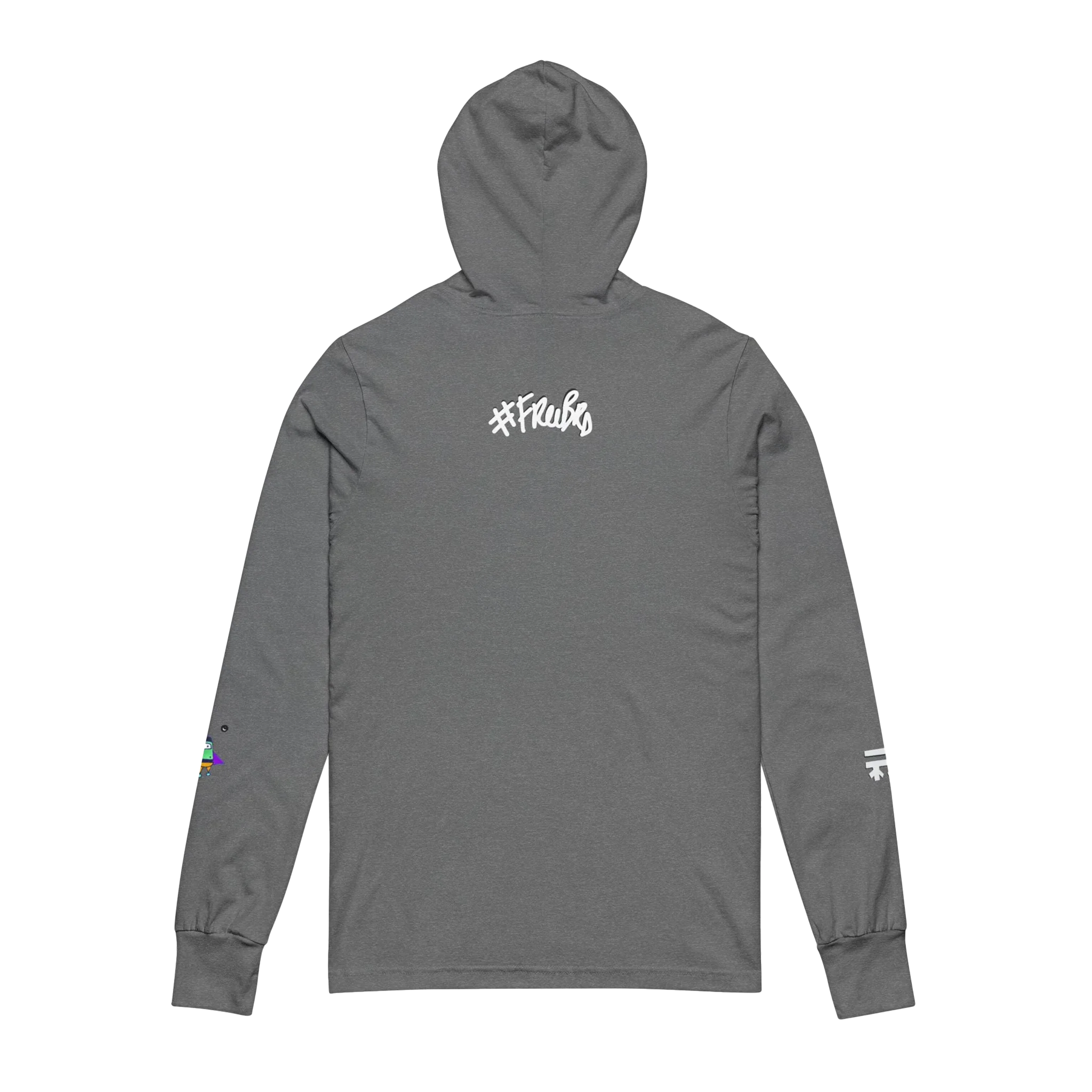 Grey hooded long sleeve tee, white FREEBRD script back graphic, space flight alien astronaut sleeve detail, back view.